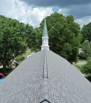Commercial roofing, asphalt shingle roof, grey shingle, church